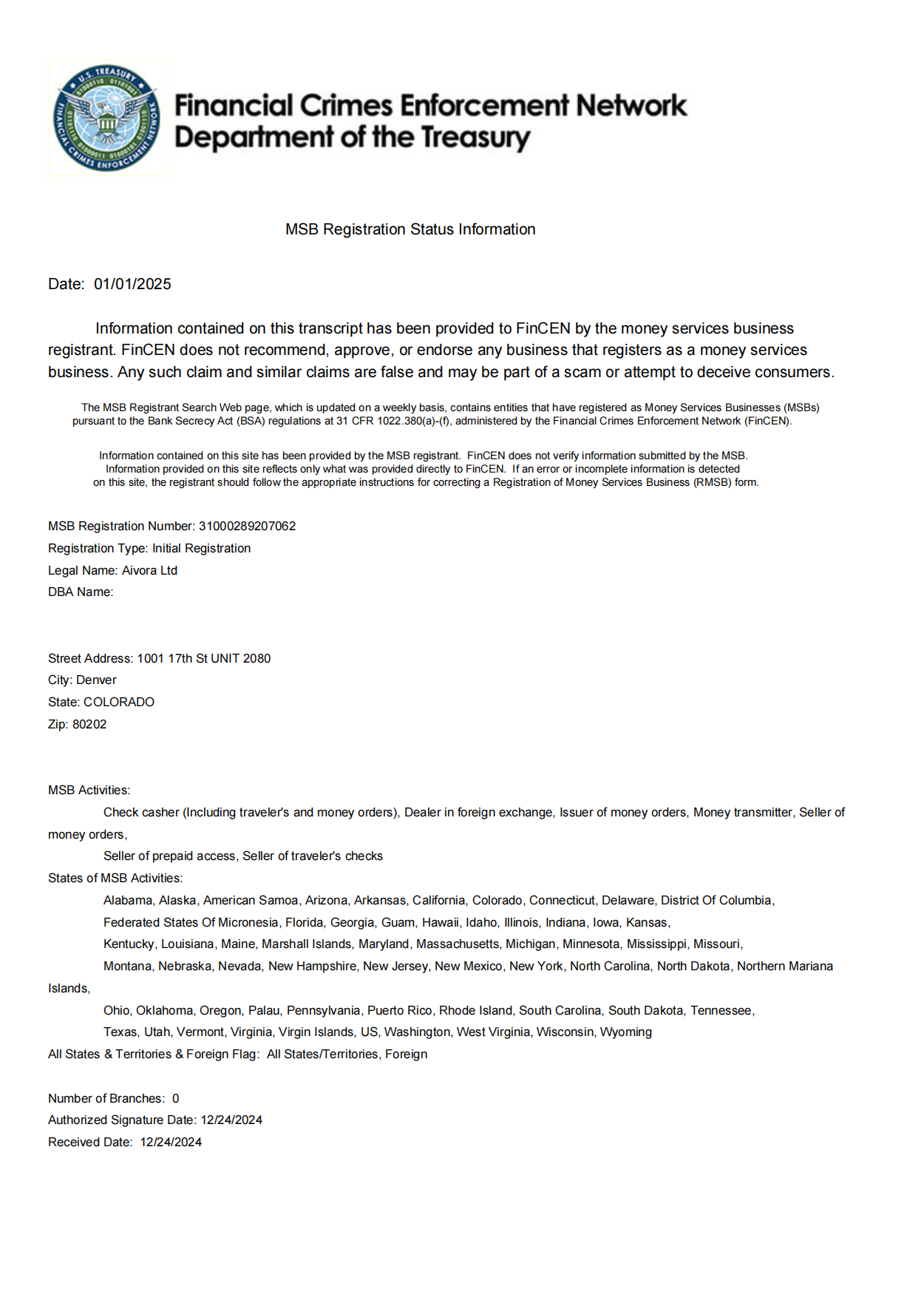 FinCEN MSB Registration Status Information